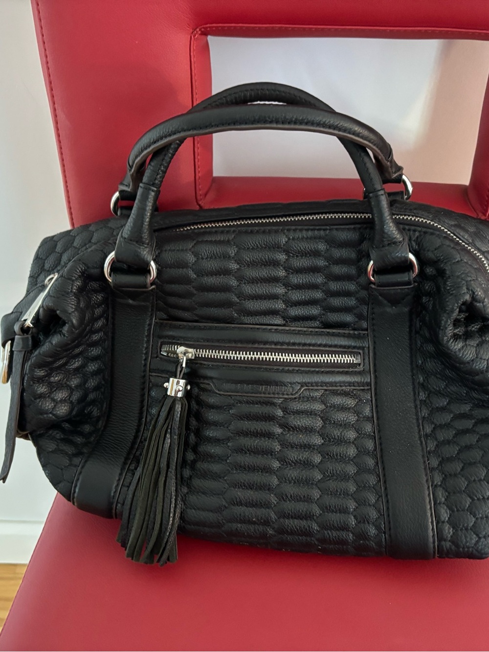Aimee Kestenberg Black Quilted Leather Tote with Tassel Zip Pocket